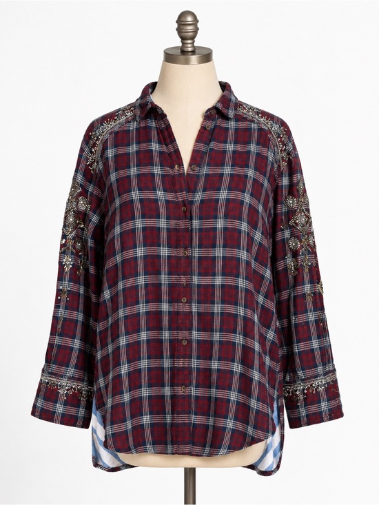 Free People Tops - Free People Stevie’s Embellished Plaid Buttondown Boho Flannel